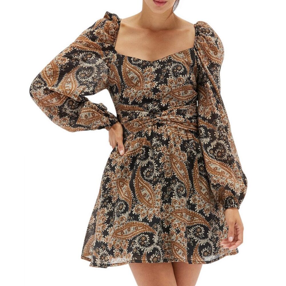 NWOT MINKPINK Paisley Paradise Mini Dress Brown Black Long Sleeve Bohemian, XS